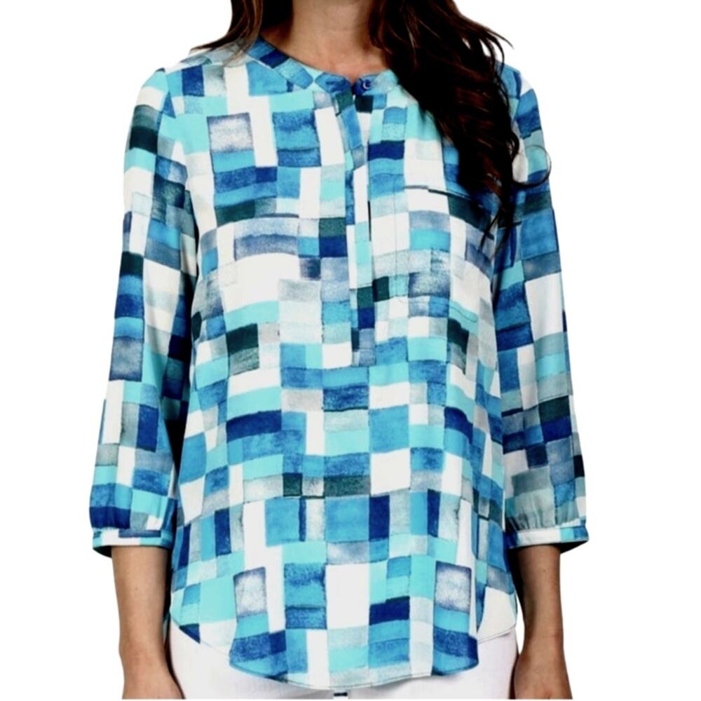 NYDJ Blue White Checked Blousy Top M Coastal Silky Whimsy Fairy Peasant Blouse